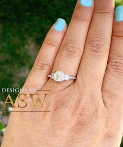 14K Solid White Gold Forever One Moissanite Asscher And Natural Diamonds Baguettes And Round Cut Engagement Ring Bezel Set Engagement 1.40ct