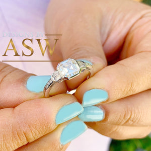 14K Solid White Gold Forever One Moissanite Asscher And Natural Diamonds Baguettes And Round Cut Engagement Ring Bezel Set Engagement 1.40ct