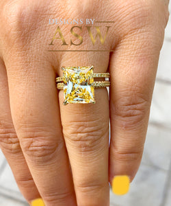 ELEGANT 14K Solid Yellow Gold Radiant Cut Fancy Yellow Simulated Diamond Engagement Ring And Band Prong Set round cut sides 5.00ctw