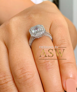 HUGE 14K White Solid Gold Asscher Cut Forever One Moissanite and Natural Round Cut Diamond Engagement Ring Bezel Set 4.05ctw