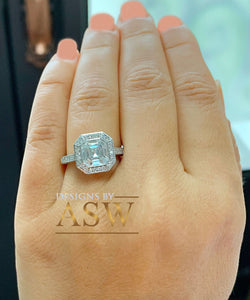 HUGE 14K White Solid Gold Asscher Cut Forever One Moissanite and Natural Round Cut Diamond Engagement Ring Bezel Set 4.05ctw