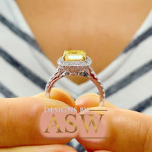 Load image into Gallery viewer, 2.75 Carats 14k Solid White Gold Cushion Cut Simulated Fancy Yellow Diamond and simulated Diamonds Engagement Ring Halo
