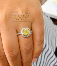 Load image into Gallery viewer, 2.75 Carats 14k Solid White Gold Cushion Cut Simulated Fancy Yellow Diamond and simulated Diamonds Engagement Ring Halo
