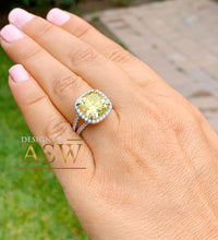Load image into Gallery viewer, Huge 4.70 Carats 14k Solid White Gold Cushion Cut Simulated Fancy Yellow Diamond and simulated Diamonds Engagement Ring Halo Split Shank

