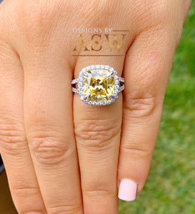 Huge 4.70 Carats 14k Solid White Gold Cushion Cut Simulated Fancy Yellow Diamond and simulated Diamonds Engagement Ring Halo Split Shank
