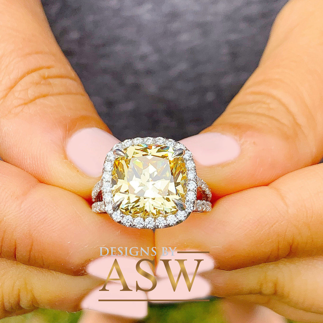 Huge 4.70 Carats 14k Solid White Gold Cushion Cut Simulated Fancy Yellow Diamond and simulated Diamonds Engagement Ring Halo Split Shank