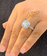 Load image into Gallery viewer, Beautiful 14K Solid Heavy White Gold Asscher Cut Simulated Diamond Engagement Ring Bezel Set Halo Wedding Anniversary Round Cut 4.00ct
