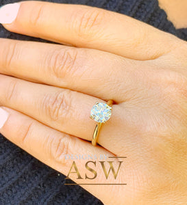 14k Solid Yellow Gold Round Simulated Diamond Engagement Ring, Bridal, Wedding, Anniversary, Flour Prong Cathedral Set, Solitaire, 1.20ctw