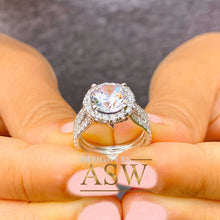 Load image into Gallery viewer, Beautiful 14k solid white gold round forever one moissanite and natural diamond engagement ring halo prong set triple shank 3.80ct
