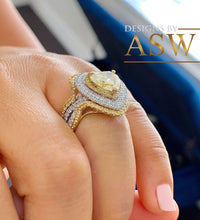 Load image into Gallery viewer, Heavy 14K Solid White And Yellow Gold Fancy Yellow Heart Shape And Round Cut Simulated Diamonds, Engagement Ring And Two Bands 3.50ctw
