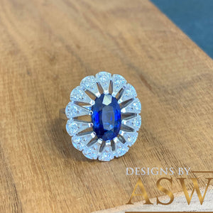 14k solid white gold Natural Oval cut blue sapphire and round cut natural diamonds engagement ring halo, bridal, wedding 2.25ct