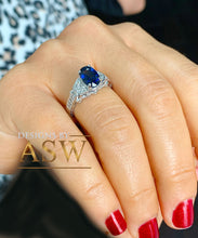 Load image into Gallery viewer, 14k Solid White Gold Oval Cut Natural Blue Sapphire And Natural Diamonds Engagement Ring Deco, Bridal, Wedding, Anniversary, Propose 2.10ctw
