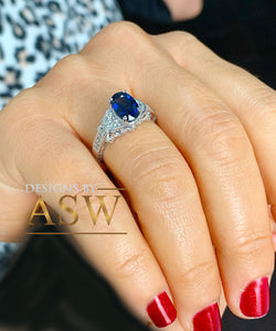 14k Solid White Gold Oval Cut Natural Blue Sapphire And Natural Diamonds Engagement Ring Deco, Bridal, Wedding, Anniversary, Propose 2.10ctw