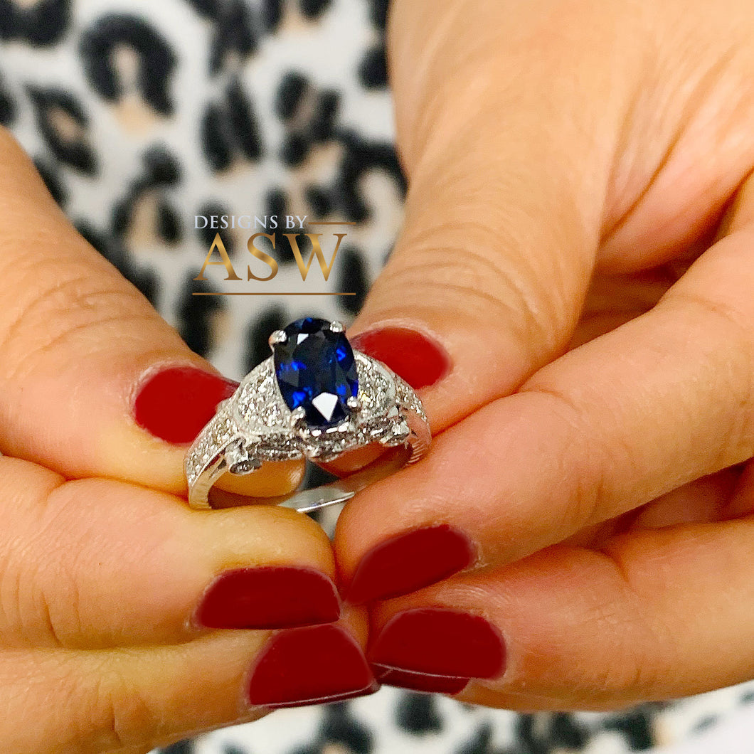 14k Solid White Gold Oval Cut Natural Blue Sapphire And Natural Diamonds Engagement Ring Deco, Bridal, Wedding, Anniversary, Propose 2.10ctw