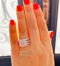 Load image into Gallery viewer, 14k solid heavy white gold princess and round cut simulated diamond engagement ring art deco triple shank style halo 4.00ct
