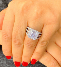 Load image into Gallery viewer, 14k solid heavy white gold princess and round cut simulated diamond engagement ring art deco triple shank style halo 4.00ct
