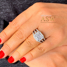 Load image into Gallery viewer, 14k solid heavy white gold princess and round cut simulated diamond engagement ring art deco triple shank style halo 4.00ct
