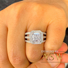 Load image into Gallery viewer, Huge 14k Solid And Heavy White Gold Princess Cut Forever One Moissanite And Natural Diamond Engagement Ring Deco Style Halo Bridal 3.80ctw
