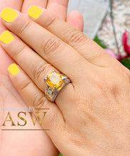 Load image into Gallery viewer, 14K White and Yellow Gold Cushion Cut Natural Yellow Citrine and Round cut Simulated Diamonds Engagement Ring Bridal Wedding 4.50ctw
