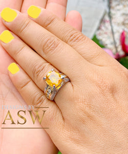 14K White and Yellow Gold Cushion Cut Natural Yellow Citrine and Round cut Simulated Diamonds Engagement Ring Bridal Wedding 4.50ctw