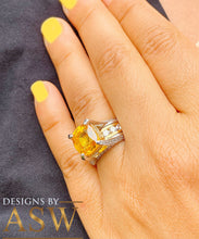 Load image into Gallery viewer, 14K White and Yellow Gold Cushion Cut Natural Yellow Citrine and Round cut Simulated Diamonds Engagement Ring Bridal Wedding 4.50ctw
