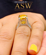 Load image into Gallery viewer, 14K White and Yellow Gold Cushion Cut Natural Yellow Citrine and Round cut Simulated Diamonds Engagement Ring Bridal Wedding 4.50ctw
