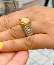Load image into Gallery viewer, 14K White and Yellow Gold Cushion Cut Natural Yellow Citrine and Round cut Simulated Diamonds Engagement Ring Bridal Wedding 4.50ctw
