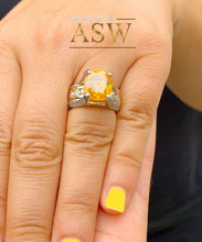 Load image into Gallery viewer, 14K White and Yellow Gold Cushion Cut Natural Yellow Citrine and Round cut Simulated Diamonds Engagement Ring Bridal Wedding 4.50ctw
