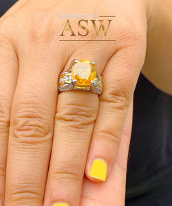 14K White and Yellow Gold Cushion Cut Natural Yellow Citrine and Round cut Simulated Diamonds Engagement Ring Bridal Wedding 4.50ctw