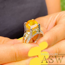Load image into Gallery viewer, 14K White and Yellow Gold Cushion Cut Natural Yellow Citrine and Round cut Simulated Diamonds Engagement Ring Bridal Wedding 4.50ctw
