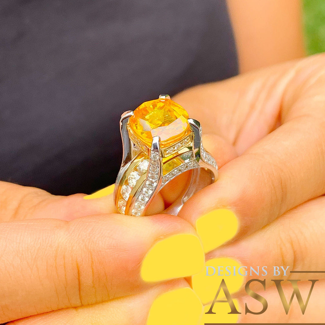 14K White and Yellow Gold Cushion Cut Natural Yellow Citrine and Round cut Simulated Diamonds Engagement Ring Bridal Wedding 4.50ctw