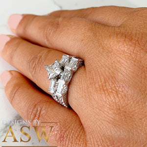 14k Solid White Gold Princess, Round, and Baguettes Cut Forever One Moissanite Engagement Ring And Band Wedding Bridal Set Deco 2.50ct