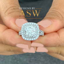 Load image into Gallery viewer, Heavy 14k Solid White Gold Cushion Cut Simulated Diamond Engagement Ring And Band Double Halo Deco Bridal Wedding 2.50ctw
