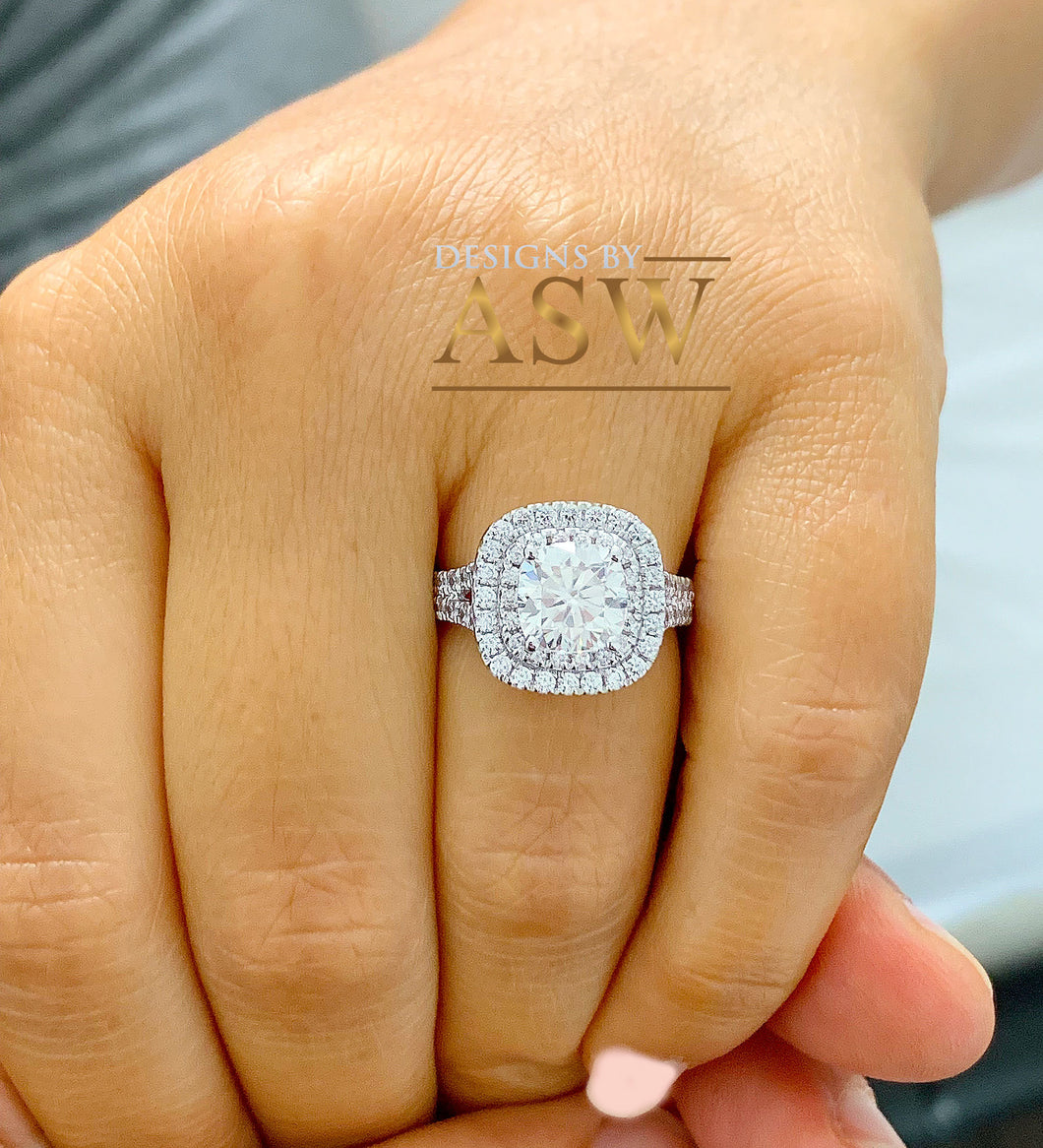 Large Women's 14K Solid White Gold Cushion Cut Moissanite and Rond Cut Natural Diamond Engagement Ring Double Halo Prong 2.80ct