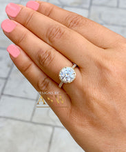 Load image into Gallery viewer, Large Womens's 3.25 Carat Round Cut Simulated Diamond Engagement Ring Bridal Wedding Halo Set in 14K Solid Yellow Gold Stunning by ASW
