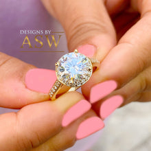 Load image into Gallery viewer, Large, Women&#39;s 14K Solid Yellow Gold Round Cut Forever One Moissanite and Natural Diamond Engagement Ring Halo Prong 3.30ct
