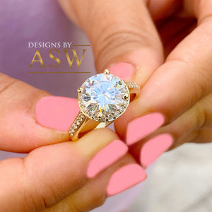 Large, Women's 14K Solid Yellow Gold Round Cut Forever One Moissanite and Natural Diamond Engagement Ring Halo Prong 3.30ct