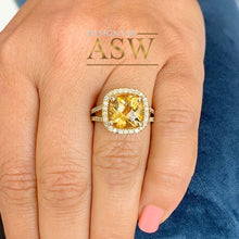 Load image into Gallery viewer, 14K Yellow Gold Cushion Cut Yellow Citrine and Round cut Natural Diamonds Engagement Ring Halo Split Shank Bridal Wedding Anniversary 4.80ct
