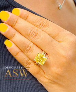ELEGANT 14K Solid Yellow Gold Radiant Cut Fancy Yellow Simulated Diamond Engagement Ring And Band Prong Set round cut sides 5.00ctw