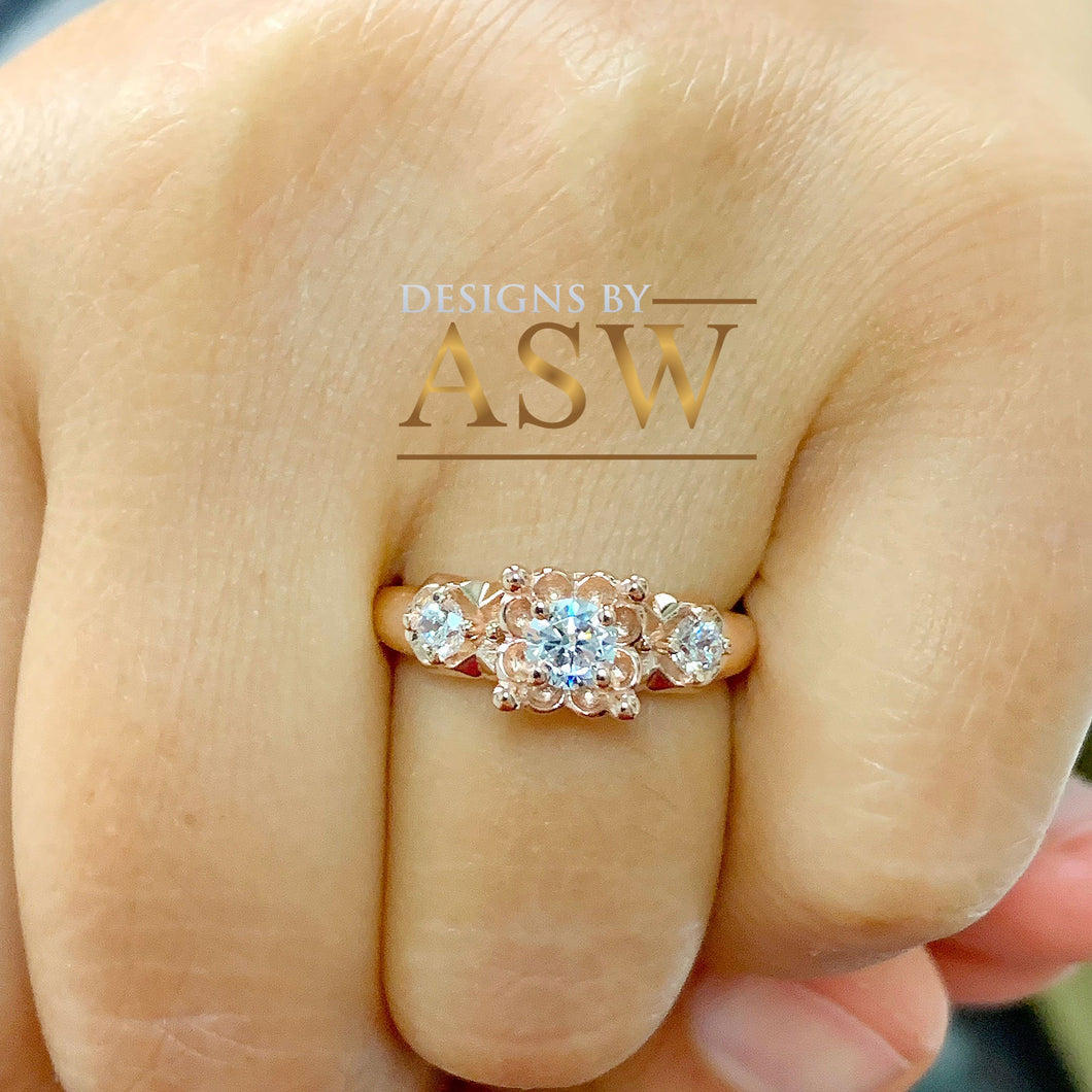 14k solid rose gold round cut diamond engagement ring natural diamonds, three stone style bridal wedding anniversary promise propose 0.60ctw