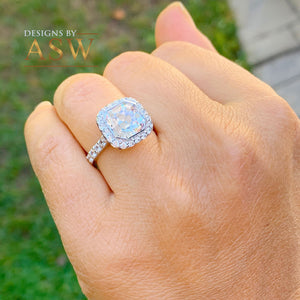 14k Solid White Gold Asscher Cut moissanite and natural diamonds bezel set Engagement Ring wedding bridal Halo 4.00ctw