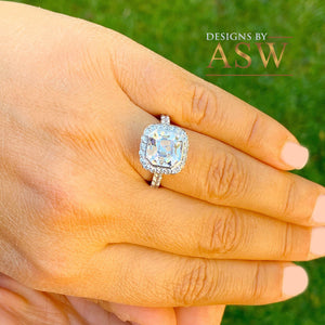 14k Solid White Gold Asscher Cut moissanite and natural diamonds bezel set Engagement Ring wedding bridal Halo 4.00ctw