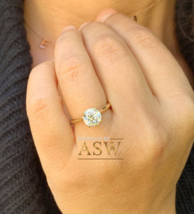 14k Solid Yellow Gold Round Simulated Diamond Engagement Ring, Bridal, Wedding, Anniversary, Flour Prong Cathedral Set, Solitaire, 1.20ctw