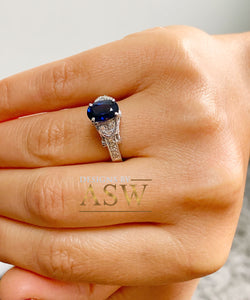 14k Solid White Gold Oval Cut Natural Blue Sapphire And Natural Diamonds Engagement Ring Deco, Bridal, Wedding, Anniversary, Propose 2.10ctw