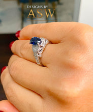 Load image into Gallery viewer, 14k Solid White Gold Oval Cut Natural Blue Sapphire And Natural Diamonds Engagement Ring Deco, Bridal, Wedding, Anniversary, Propose 2.10ctw
