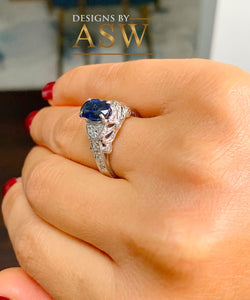 14k Solid White Gold Oval Cut Natural Blue Sapphire And Natural Diamonds Engagement Ring Deco, Bridal, Wedding, Anniversary, Propose 2.10ctw
