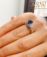 Load image into Gallery viewer, 14k Solid White Gold Oval Cut Natural Blue Sapphire And Natural Diamonds Engagement Ring Deco, Bridal, Wedding, Anniversary, Propose 2.10ctw
