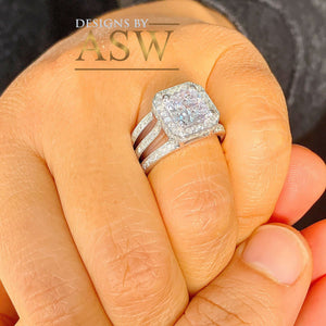 Huge 14k Solid And Heavy White Gold Princess Cut Moissanite And Natural Diamond Engagement Ring Deco Style Halo Bridal 3.80ctw