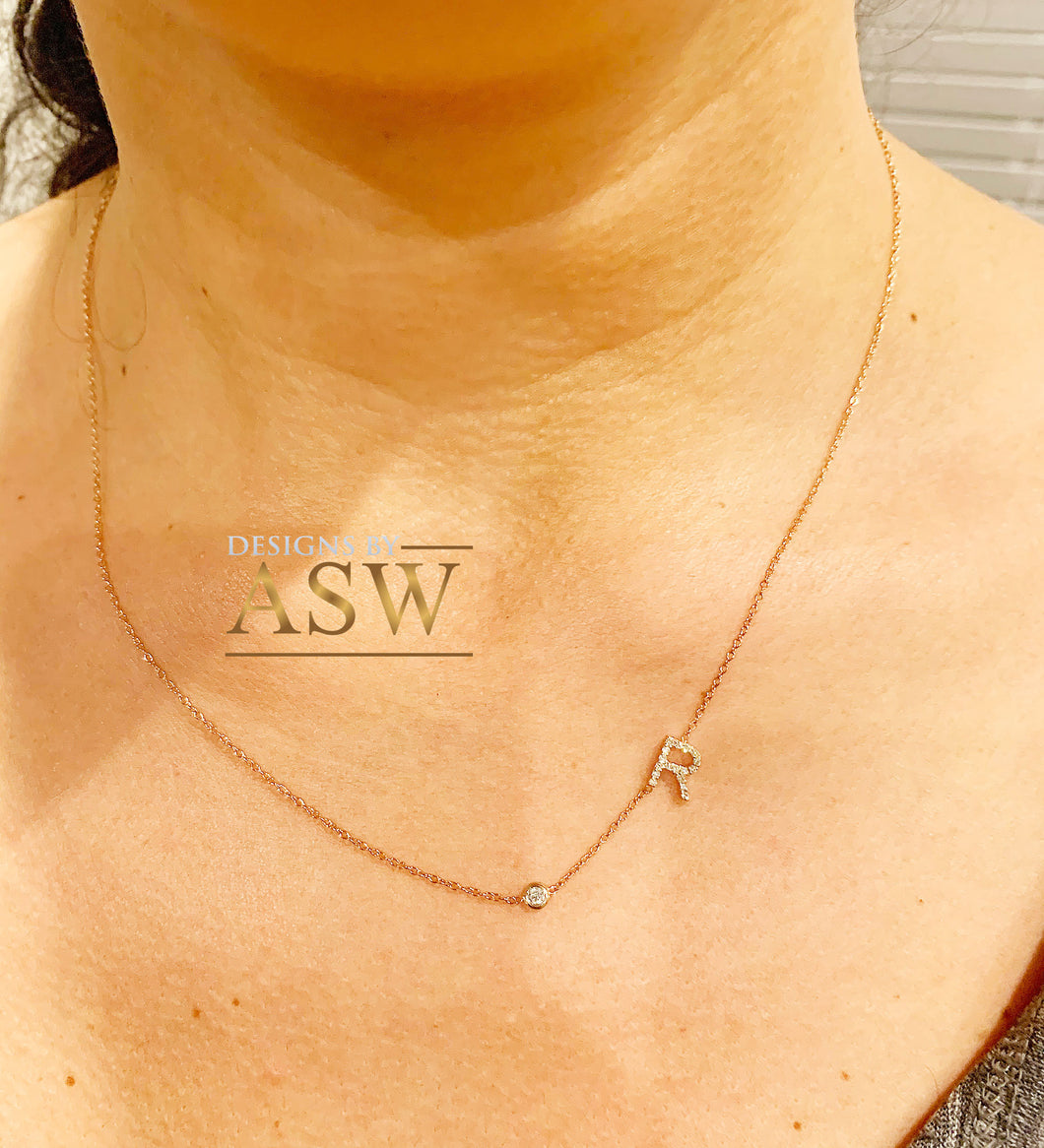 14K Solid White Or Yellow Or Rose Gold Multi Natural Diamonds Initials 0.10ctw And Bezel Set Natural Diamond 0.06ct Necklace