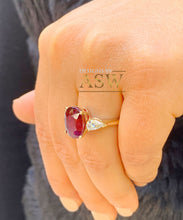 Load image into Gallery viewer, 14k Solid Yellow Gold Oval Cut Ruby And Pear Cut Simulated Diamonds Deco Design Ring Bridal Wedding 5.00ctw Three Stone Style
